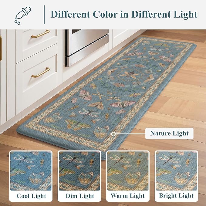 KIMODE Kitchen Mats Cushioned Anti Fatigue Kitchen Mats for Floor 2 Piece | 17 x29+17"x47", Blue,Vintage Butterfly,Non Slip Waterproof,Memory Foam,Standing Mats,for Laundry Sink Office Home Decor