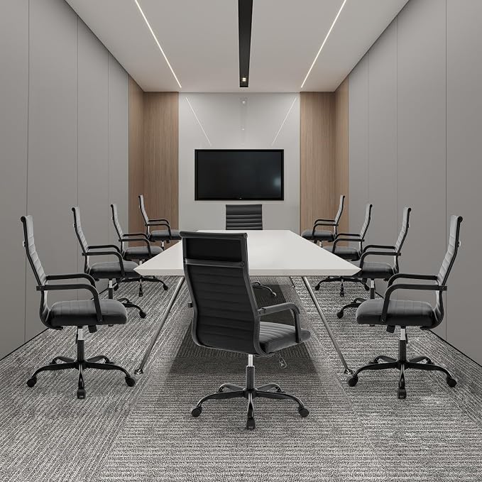 Office Chair, Ergonomic Executive Conference Room Chairs, Ribbed Leather Desk Chair with Lumbar Support, Adjustable Height Mid-Back Swivel Chair with Padded Seat