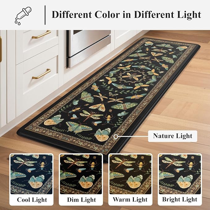 KIMODE Kitchen Mats for Floor 2 Piece Cushioned Anti Fatigue Kitchen Rugs | 17 x29+17"x47", Black,Vintage Butterfly,Non Slip Waterproof,Memory Foam,Standing Mats,for Laundry Sink Office Home Decor