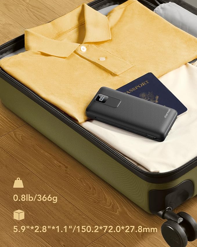 charmast Portable Charger with Built-in Wall Plug and Cables, 20000mAh Power Bank Travel Essentials, 20W Fast Charging Battery Pack Compatible with iPhone 17/16/15/14/13/12/11, Samsung, Android