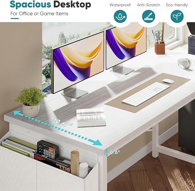 OLIXIS Computer Desk, 47 Inch Home Office Desks for Small Spaces, Writing Craft Study Gaming Table for Bedroom, Modern Computer Workstation with Storage Bag and Headphone Hook, White