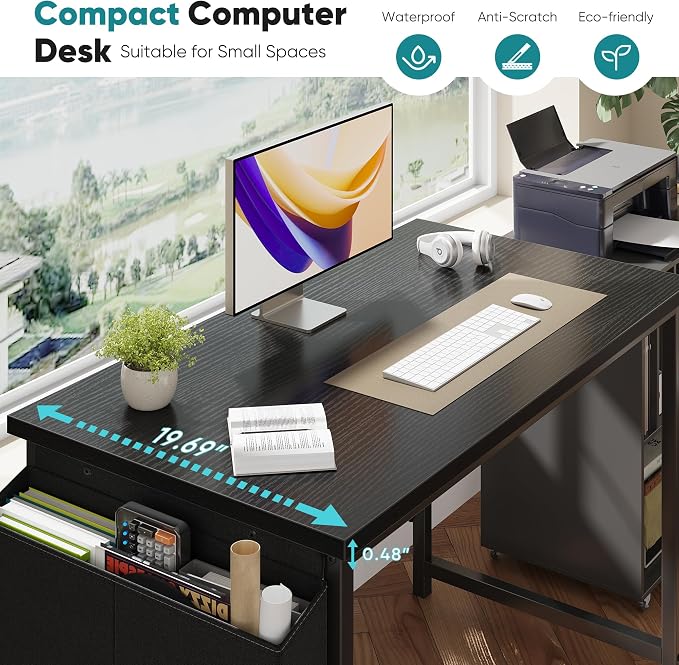 OLIXIS Computer Desk, 44 Inch Home Office Desks for Small Spaces, Writing Craft Study Gaming Table for Bedroom, Modern Computer Workstation with Storage Bag and Headphone Hook, Black