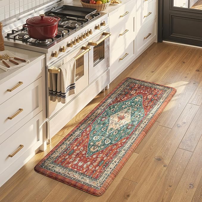Collive Boho Cushioned Kitchen Mat, Anti Fatigue Mats for Kitchen Floor | Washable Non-Slip Sink Rug Waterproof, Comfort Standing Desk Mat for Office, Laundry, Home Decor, Rust/Multi, 17.3”x47”