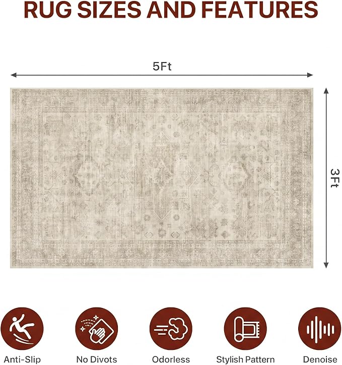 36"x60" Office Chair Mat for Hardwood Tile Floor, Under Desk Carpet Protector for Rolling Computer Chair Mat, Machine Washable Area Rug, Anti-Slip 1/5" Thick Low Pile Thin Vinyl Floor Mat, Ivory