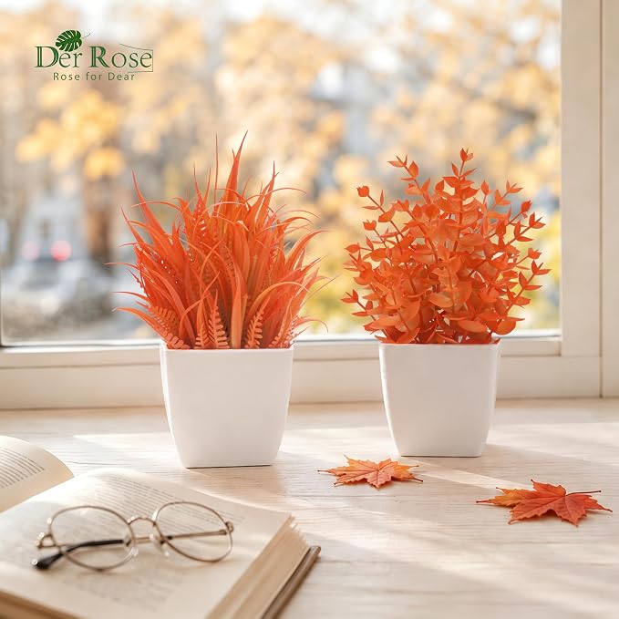 Der Rose 2 Pack Fake Plants Maple Red Artificial Potted Plants for Fall Decor