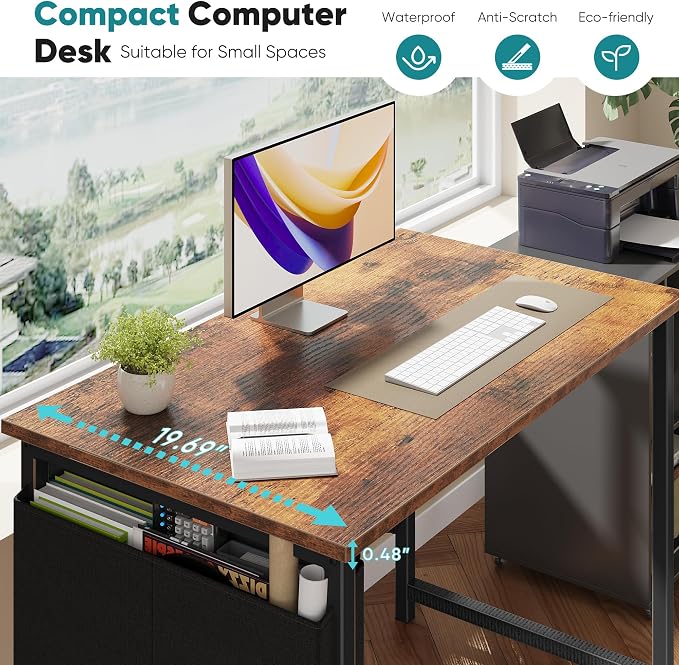 OLIXIS Small Computer Desk, 40 Inch Home Office Desks, Writing Study Craft Work Gaming Table, Computer Workstation for Bedroom Small Spaces with Storage Bag and Headphone Hook, Rustic Brown