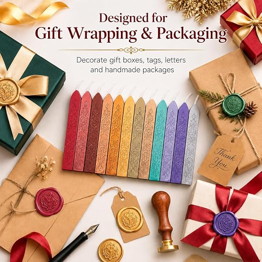 12 Pieces Sealing Wax Sticks with Wicks for Letter Seal Wax Stamp,Wedding Invitations, Packaging Decoration,Christmas Gift Ideas (Color)
