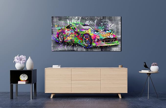 SIXTTART Graffiti Car Wall-Decor - Banksy Canvas Wall Art for Bedroom - Teen Boy Room Decor Ready To Hang Size 40" x 20"