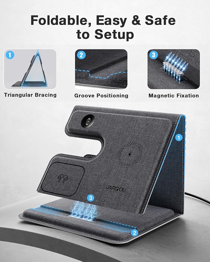 JARGOU 3 in 1 Charging Station for Apple Wireless Charger for iPhone 15 14 13 12 11 X 8 Series Wireless Charging Station for Multiple Devices for Apple Watch Charger for AirPods 2/3/Pro/Pro 2 (Grey)