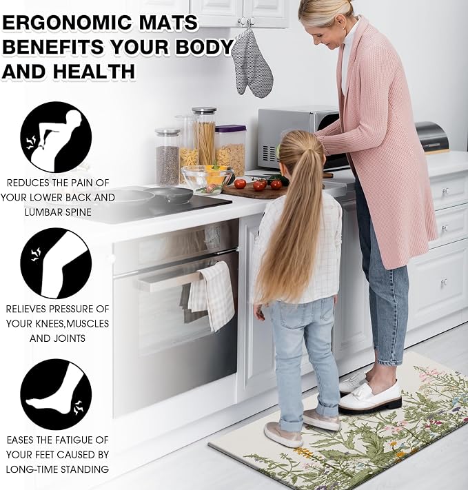 MAYHMYO Anti Fatigue Kitchen Mat Non Slip Waterproof Cushioned Floral Kitchen Rug for Standing Desk Sink Laundry