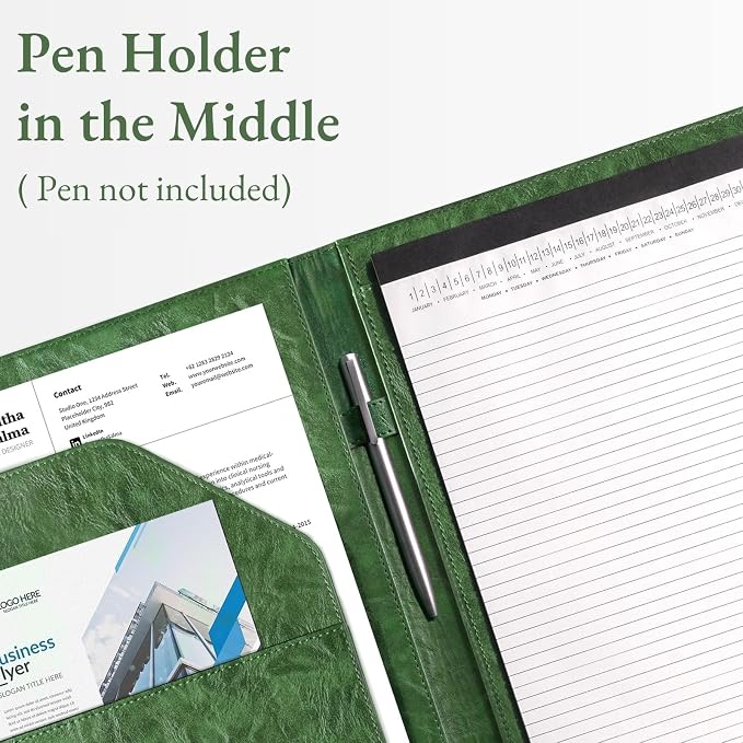 Mymazn Padfolio Portfolio Folder, Faux Leather Interview Resume Folder with Document Organizer & Business Card Holder, Letter-Sized Notepad Legal Pad Holder for Men Women (Green)