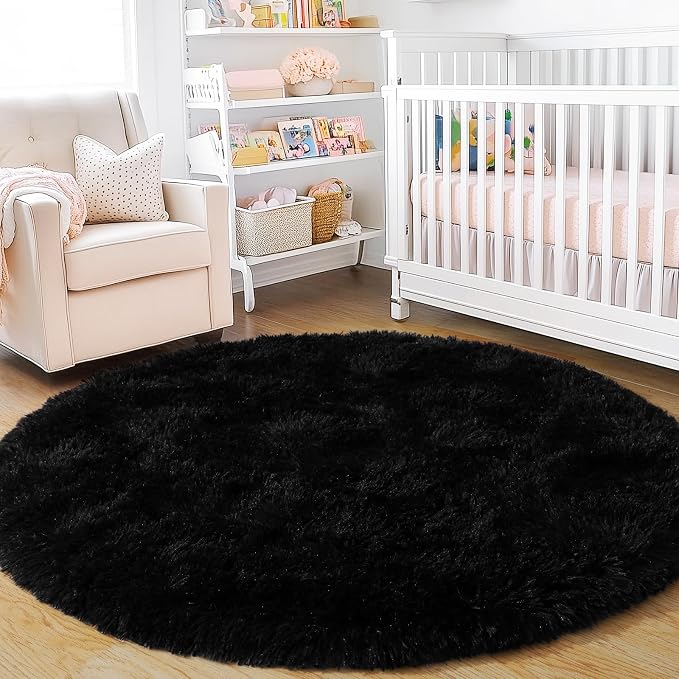 6‘x6’ Black Round Rug for Bedroom, Ultra Soft Fluffy Circle Rug for Kids Girls Boys Room, Cute Shag Rugs for Living Room Playroom Teen Room Home Decor Rug