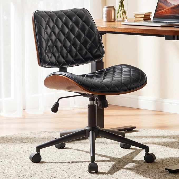Furnimart Wooden Armless Desk Chair with Wheels, 360° Swivel Faux Leather Vanity Chair for Bedroom, Small Office Computer Task Chair for Home & Compact Spaces (PU Black)