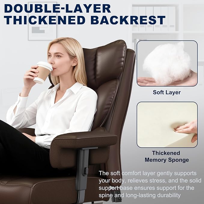 Misolant Big and Tall Office Chair with Footrest, High Back Executive Desk Chair with Adjustable Lift Armrest, 155°Recline,Lumbar Support Pillow, Faux Leather Gaming Chairs for Home or Office Brown