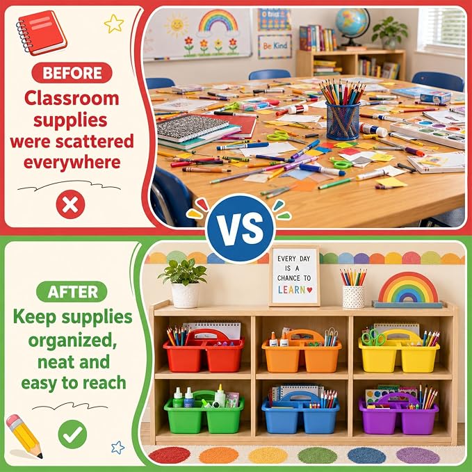 12 Pack Classroom Caddy with Handle Plastic Storage Caddy Organizer with 3 Compartments Desk Caddies Holder Portable Storage Bin for Pencil, Crayon, Marker, Home, Office, School Supply(Rainbow)