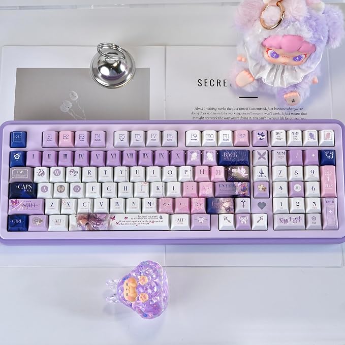 PBT Custom Keycaps 130 Keys, Japanese Anime Purple Keycaps Cherry Profile Dye Sublimation Keycap, Manga Style Key Cap Set for 60% 65% 75% TKL 100% Mechanical Keyboard