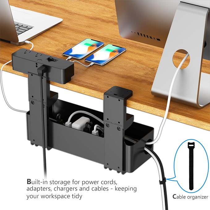Hiree Under Desk Cable Management Tray with Power Strip, 8 AC Outlets, 2 USB Ports & 1 USB-C Port, Clamp Mount Desk Cable Organizer, No Drill Cord Management Tray for Standing Desk, Home Office(Black)
