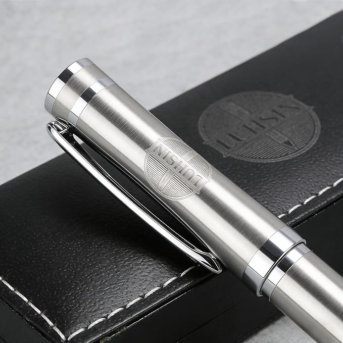 LUHSIN Brushed Silver Metal Rollerball Pen - 0.5mm Smooth Writing Professional Pen, Luxury Executive Gift Set for Men & Women, Office Signature Pen