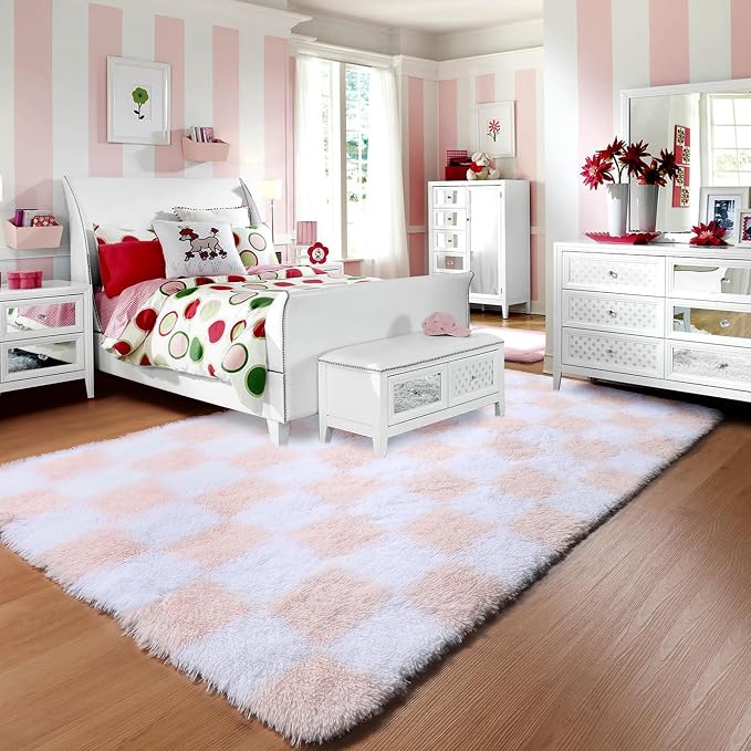 KICMOR 5x8 Area Rugs for Living Room, Light Pink and White Fluffy Shag Large Fuzzy Plush Soft Bedroom Carpets, Indoor Floor Shaggy Checkered Rug for Kids Baby Girls Room Playroom Nursery Home Decor