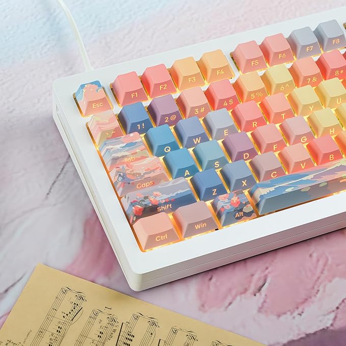 dagaladoo Shine Through keycap Set,Double Shot PBT keycaps 60 75 Percent,dye sub Custom Key caps,Side Printed,Blue/Orange,Cherry Profile Keyboard caps for Machine Keyboard(Sunset)