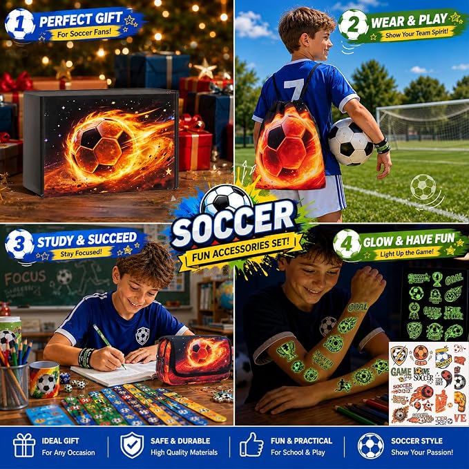 DIGOBAY 61PCS Soccer School Supplies Set for kid Boys, Teen Back to School stationery Supplies with Pencil Case Drawstring Bag Spiral Notebooks Pens Pencils Tattoos Wristbands Gift Box