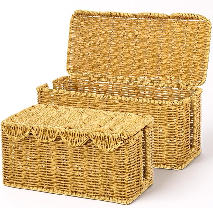 2PCS Cable Management Box, Handwoven Imitation Rattan Cord Organizer, Handmade Rattan Cable Organizer Wire Hider Box, Open Slots Cords Hider BoxCord Basket Under Desk Cord Organizers