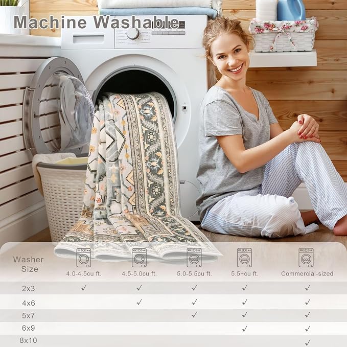 Macgace 5x7 Grey Beige Area Rug for Living Room, Machine Washable Rugs with Non-Slip Backing for Bedroom, Vintage Medallion Carpet Dining Room Office Kids Room Decor