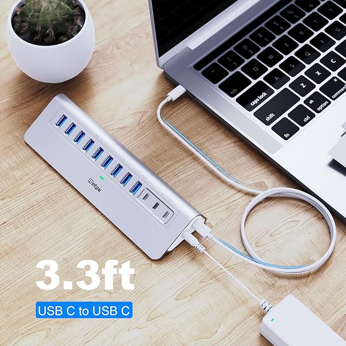 YH9AC Plus Powered USB Hub 10Gbps, 14 Port USB 3.2 Hub(USB A/USB C 3.2+7 USB-A 3.0+2 PD 45W Fast Charging Ports+SD/TF Card Reader), 65W Power Adapter,Aluminum USB HUB for PC,Laptop,iPhone 17/16