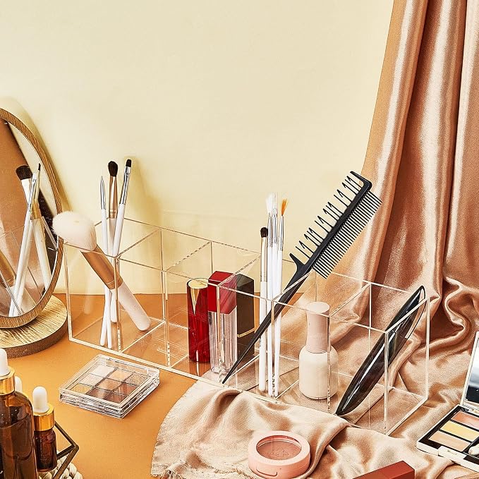 2 Pack Acrylic Makeup Brush Holder 6 Compartments Pencil Organizer Cup Pencil Holder for Desk Pen Organizer Storage Pen Holder for Accessories Cosmetic Brushes Office Bathroom Kitchen Supplies (Clear)