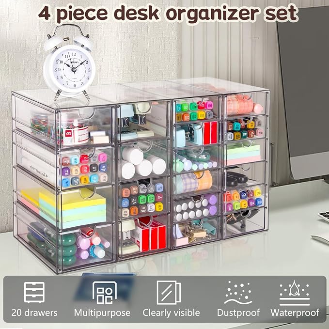 VZKAH Clear Acrylic Desk Organizer with 20 Drawers, 4 Modular Units | 4-piece clear drawer set for office supplies, crafts, makeup, and small daily items on desks, vanities, counters