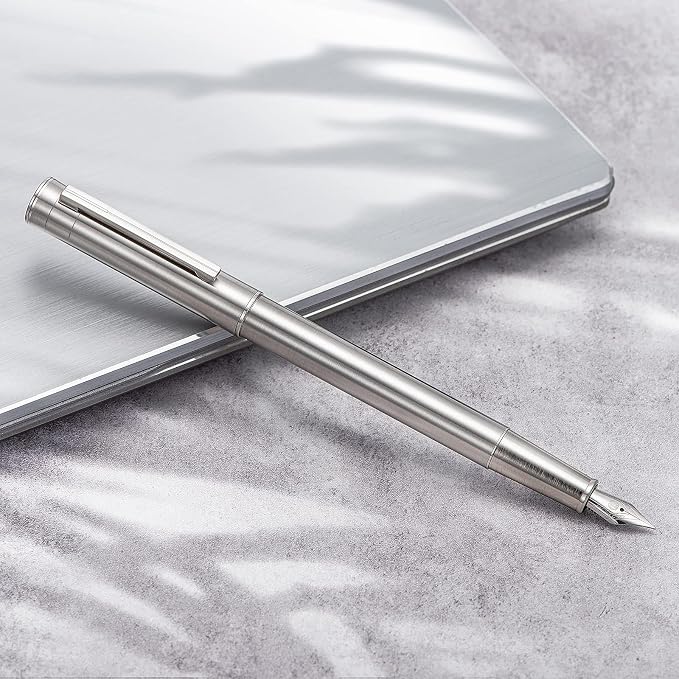Hongdian 1861 Stainless Steel Fountain Pen Bent Nib, Classic Design Smooth Writing Pen with Converter and Metal Pen Case Set