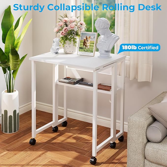 GreenForest Folding Desk with Wheels and Storage Shelf, 24.8 Inch Compact Portable Rolling Desk for Small Spaces, Mobile Foldable Computer Table, Easy Assembly, Pure White