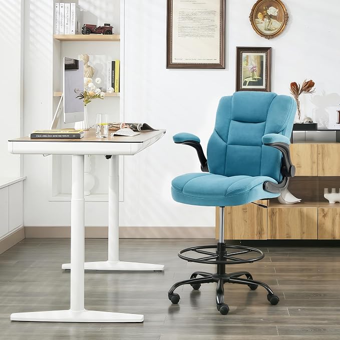Drafting Chair 500Lbs, Tall Office Chair for Standing Desk, Fabric Executive Office Chair with Flip-up Armrests, Ergonomic High Chair with Adjustable Foot Ring, Comfy Stool Chairs, Blue
