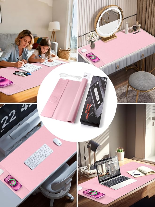 TopMade Mouse Pad with 15W Wireless Charging, XXL Large Leather Desk Mat, Waterproof Gaming Mousepad Home Office Desk Pad Protector, Computer Keyboard Pad, Mouse Mat for MacBook, PC, Laptop, Pink