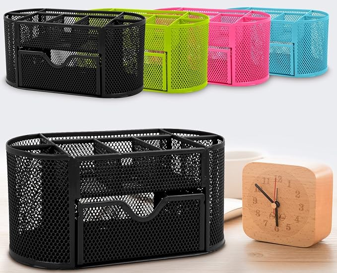 GPCT Office School Home/Teacher Supplies Mesh Desk Pen Organizer. Comes W/ 4 Pencil Cups For Highlighters/Pens/Sharpie, 4 Square Compartments For Paper Clips/Sticky Notes & 1 Supply Drawer- Black