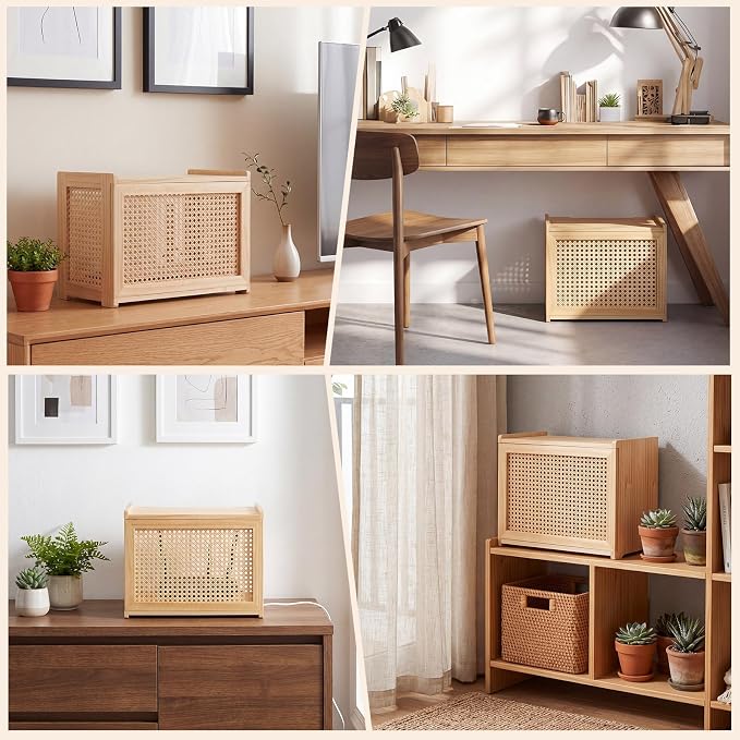 Wi-Fi Router Box Hider, Wi-Fi Router Storage Box with Synthetic Rattan Decor, Modem Cable Cover Organized, Power Strip Cable Hider Rack(Natural Wood Color,16 x 10.4 x 12 Inches,Wood)