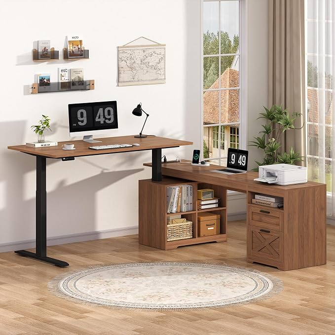 66 inch Farmhouse L Shaped Standing Desk with Storage for Home Office | Corner Electric Standing Desk with Drawers & Storage Shelves, Height Adjustable Computer Desk with Power Outlets, Brown