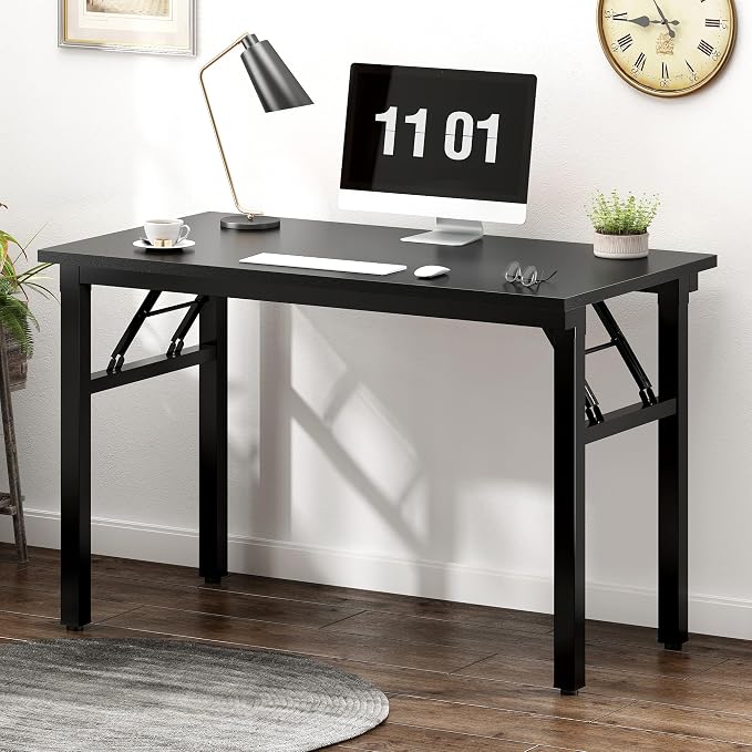 SogesHome Small Foldable Desk for Home Office, 39 Inch Compact Computer Table with Adjustable Leg Pads, No Assembly Needed Folding Writing Conference Desk Gaming Table for Small Spaces, Black