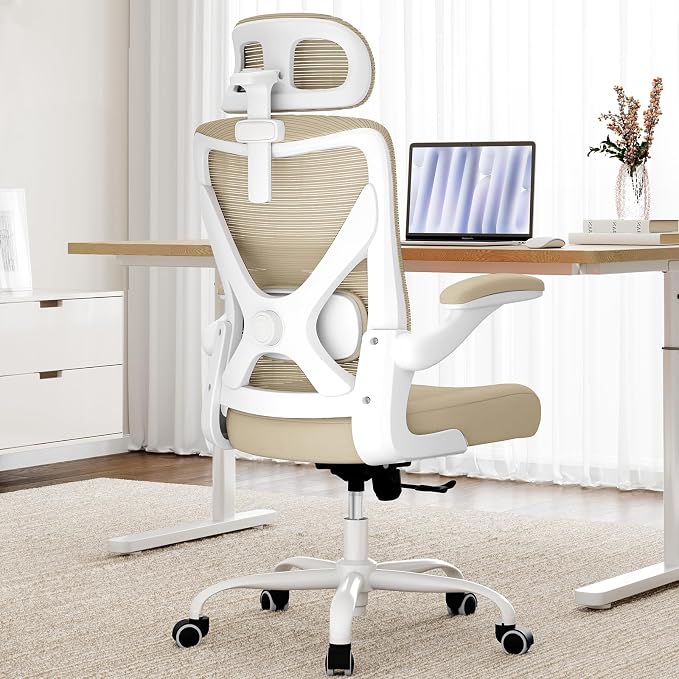 Ergonomic Office Chair: Mesh Desk Chair Comfy with Headrest& Lumbar Support | Ergalithic Big and Tall Office Chairs with Wheels & Flip-Up Arms-Computer Gaming Chairs for Adults Home Office Chairs(Beige)