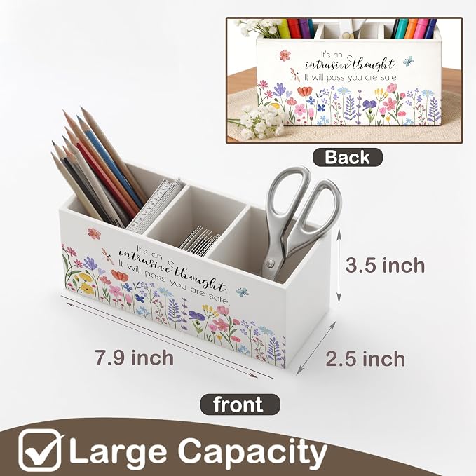 Floral Mental Health Wooden Pen Holder for Desk, Mindfulness Positive Reminder Psychology Wildflower Pencil Organizer Wooden Box Sign for Therapy Counselor Office Girls Room Decoration