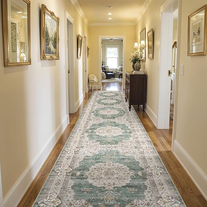 3x20 Washable Hallway Runner Rug:Oriental Indoor Kitchen Rugs Vintage Door Mat Non Slip with Rubber Backing Low Pile Thin Carpet for Bedroom Bathroom Living Room Bedside (3x20 Green/Beige)