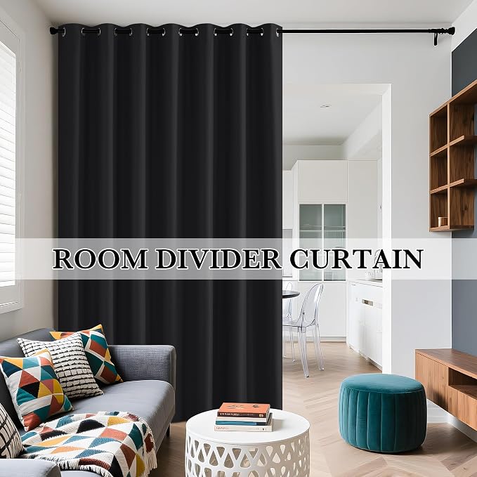 RYB HOME 100% Blackout Room Divider Curtains for Sliding Glass Door, Extra Wide Thermal Insulated Privacy Curtains for Bedroom/Patio Door/Living Room/Open Closet, Black, W100 x L84, 1 Panel