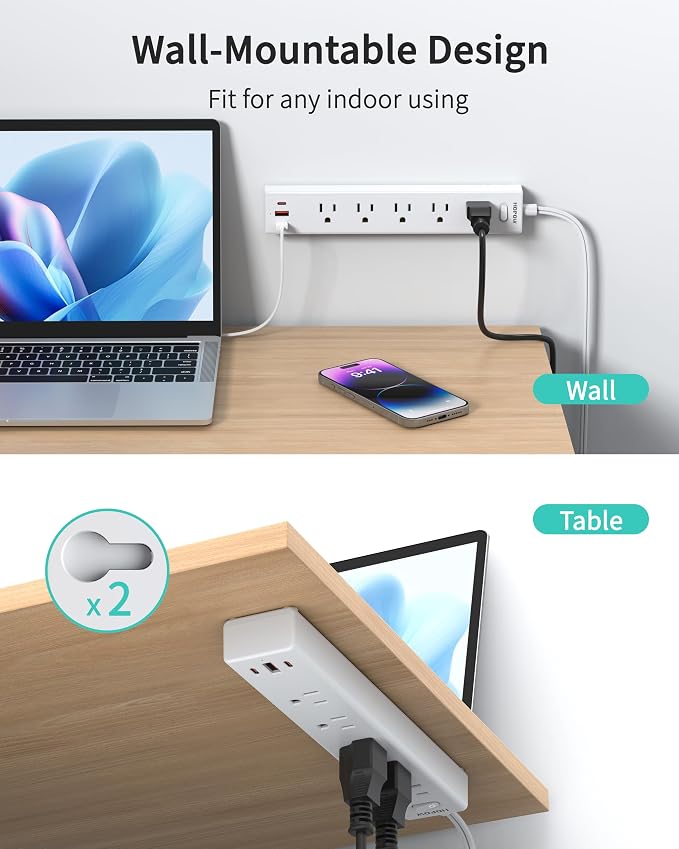 HOPOW 2 Prong Power Strip, 2 to 3 Prong Outlet Adapter with 1700J Surge Protection, 6ft Two Prong Extension Cord, 5 AC Outlets & 3 USB(5V 3.4A Max), Wall Mount for Non-Grounded Outlet, White