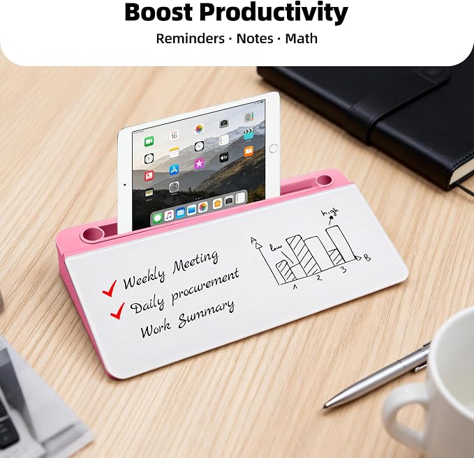 Desktop Whiteboard, Glass Dry Erase Board, Desk Board Buddy,Computer Keyboard Stand,Desk Whiteboard Organizer for Home,Office,School Supplies (Pink)