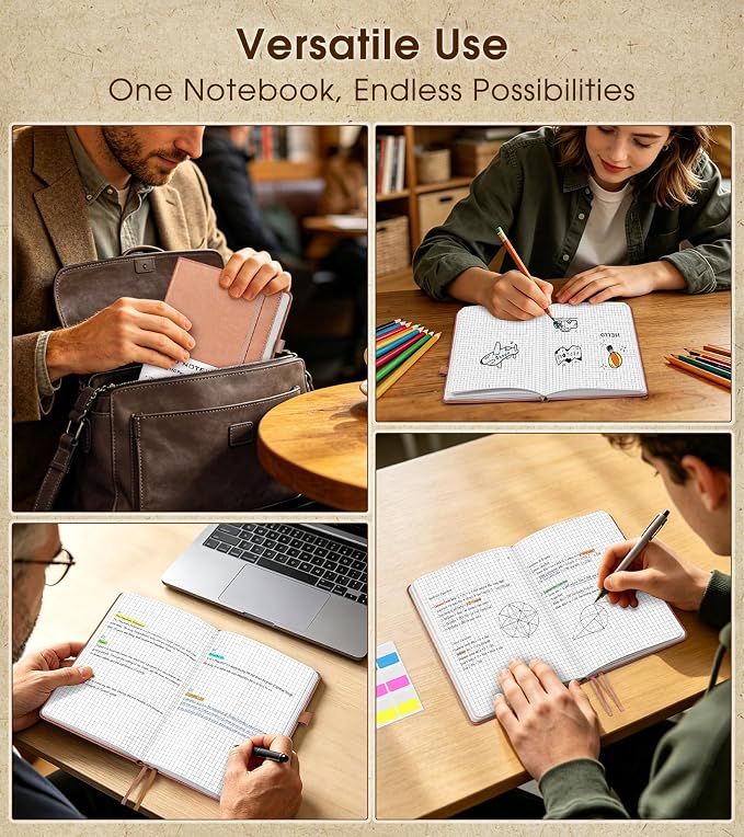A5 Leather Hardcover Graph Paper Notebook, 160 Pages (5 Squares/Inch), 180° Lay-Flat Binding, 100 GSM Thick Paper, for Math, Engineering, Students & Technical Work (Pink)