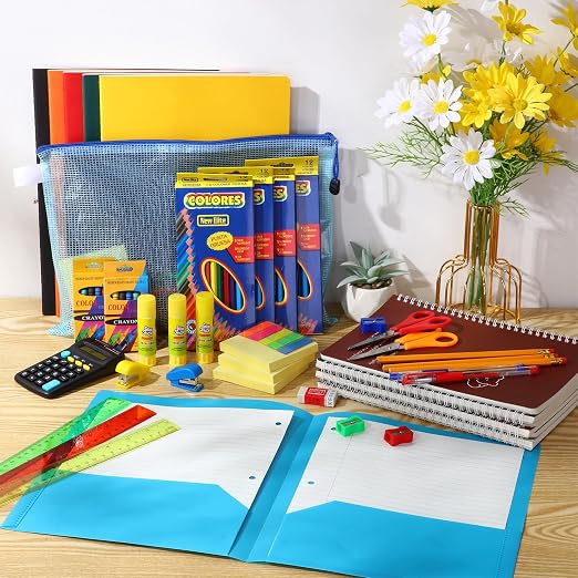 SATINIOR 12 Set Back to School Student Supplies Bulk Set Middle High College Student Supplies Essentials with Folders Notebooks Pens Calculator for Gift Donation