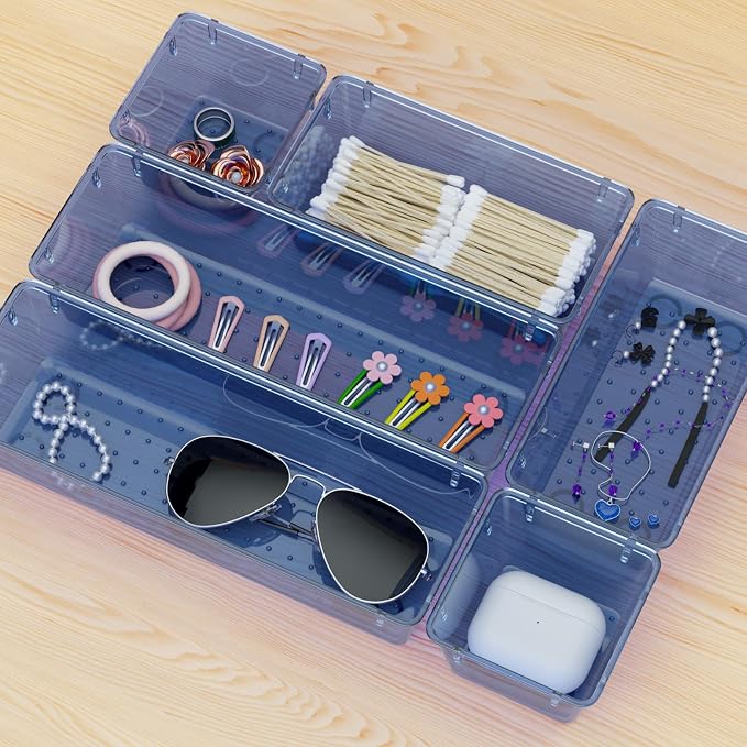 WOWBOX 6 Pack Clear Drawer Organizer Set, Acrylic Drawer Storage Trays, Storage Bins for Makeup, Cosmetics, Jewelries, Utensils, Gadgets, Office, Dark Blue