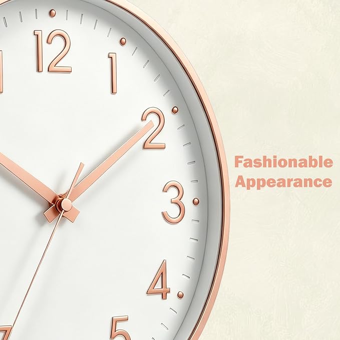 Mosewa Small 8 Inch Wall Clock Battery Operated Silent Non Ticking Analog | Rose Gold modern clock; oversized 3D easy-read dial for kitchen, bedroom & office; 1 AA battery (not included)