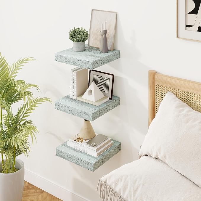 Marsmiles Square Floating Shelves for Wall, 10" W x 10" D x 1.25" H, 3 Packs Small Wall Mounted Engineered Wood Shelves with Invisible Brackets for Living Room, Bedroom, Bathroom, Kitchen Decor, Blue