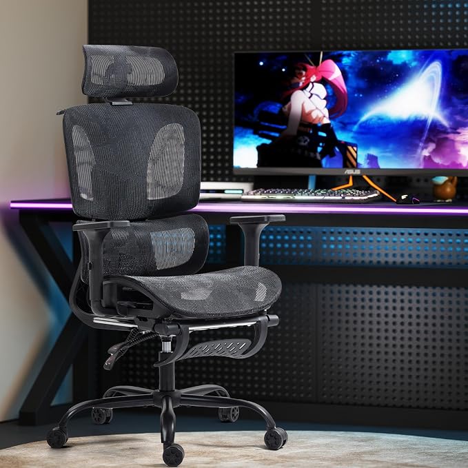 Black Ergonomic High Back Mesh Office Chair with Footrest | Adjustable Lumbar Support, 3D Armrests, Headrest, 135° Reclining, Swivel, Home Office